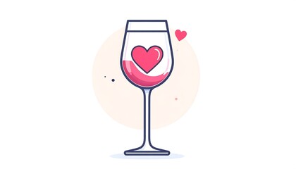 Stylized vector of wine glass containing pink heart and liquid, against a circular background