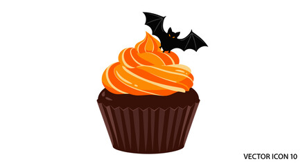 Halloween chocolate cupcake with orange cream frosting and a bat vector illustration for spooky holiday dessert isolated on transparent background.