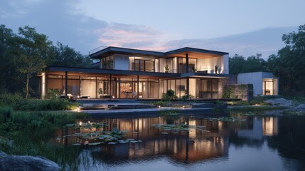 Fototapeta premium 3d rendering of modern house by the river house, luxury, villa, modern, architecture, building, exterior, residential, property, designer