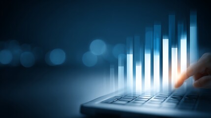 Hand Touching Digital Graph on Laptop Screen in Dark Technology Environment