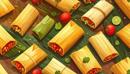 Colorful tamales pattern on leaves