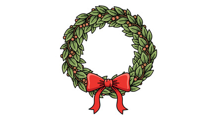Festive holiday wreath vector illustration with a decorative red bow, isolated on a transparent background for seasonal designs, graphic resource. SVG.