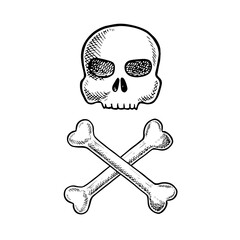 Crossed bones and a skull. Black and white graphics, vector illustration. Hand-drawn. Danger and death signal for logos, warning symbols. For packaging, labels, stickers, and more.