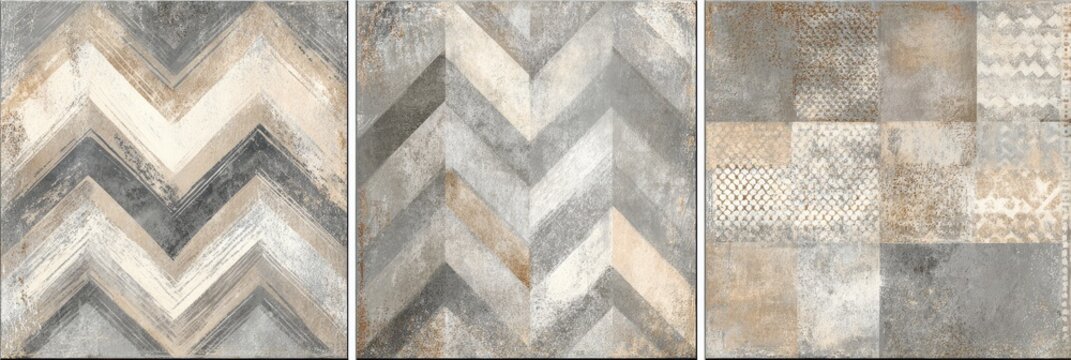 Three textured tile designs feature herringbone and patchwork patterns in muted beige and gray tones