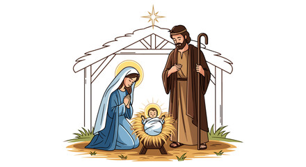 Fototapeta premium Holy Family Nativity scene featuring Mary, Joseph, and infant Jesus in a stable, a sacred Christmas celebration, vector illustration, isolated on transparent background.