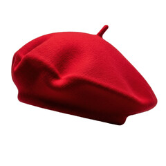 Extreme close-up macro of a luxurious scarlet red felt beret, artfully folded with deep undulations, dramatically lit on a transparent background, conveying tactile richness and sophisticated detail