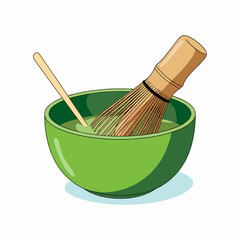 Matcha Tea Preparation Still Life with Bamboo Whisk and Green Bowl Detailed Illustration for Asian Beverage Concepts