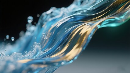 Flowing Wave of Blue and Gold Liquid with Light Reflections and Bubbles, Abstract 3D Render on Dark Background, Dynamic Motion