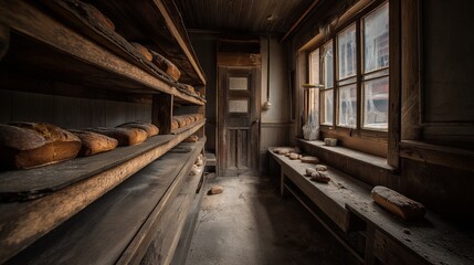 A bakery closed with broken windows and dusty shelves, symbolizing failure of small business.