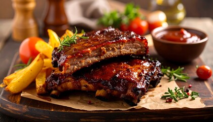 Glazed ribs stacked on wood with fries, tomato, rosemary sprigs, and ketchup dish