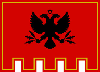 Historic flag of Piana degli Albanesi in Sicily, Italy. Arbresh Albanian heritage banner with red field and black double-headed eagle emblem.