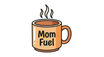 Hot steaming 'Mom Fuel' coffee mug vector illustration, a warm beverage for busy mothers, symbolizing daily energy, isolated on a transparent background.