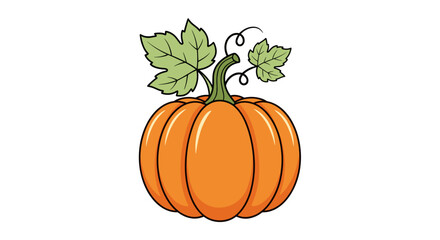 Classic orange pumpkin vector illustration with green leaves and stem, symbol of autumn harvest and festive celebrations, isolated on transparent background SVG graphic.