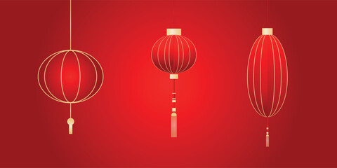 Obraz premium Chinese new year lantern set. Pack for asia celebration web design. Vector illustration 