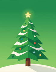 Christmas Tree in Snowy Forest, Festive Ornaments, Green Background