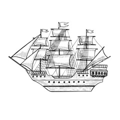 An old ship with sails. Black and white graphics, hand-drawn vector illustrations. For children s games and celebrations. For stickers, invitation cards, posters and banners, packaging, and more.