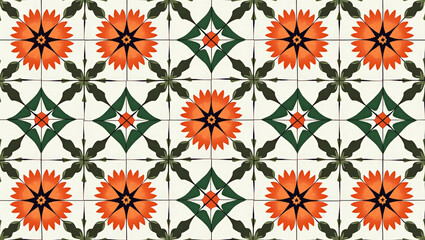 Decorative seamless tile pattern with orange floral motifs and green geometric shapes, for backgrounds, wallpapers, and design projects