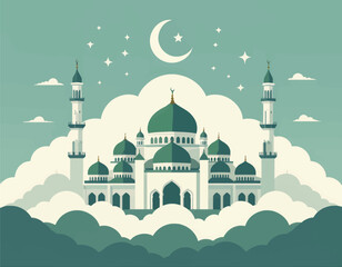 Dreamy Mosque on Clouds with Crescent Moon
