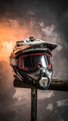 Motocross helmet against a dramatic backdrop