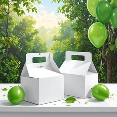 White takeout boxes on a table in a forest scene