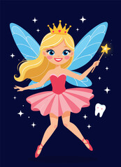 Magical Fairy in Pink Tutu Flying with Wand and Tooth