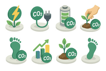 Carbon Offset Icons. Energy & Sustainability set icons in modern isometric flat : carbon offset with energy icon, carbon offset with electric plug,