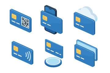 Digital Card Icons. Digital Credit Cards set icons in modern isometric flat : card with QR code, card with smartphone, card with cloud, card with NFC