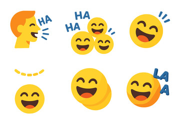 Obraz premium Laughter Icons Set. Laughter Variations set of icons in neo-flat style: side profile laughing, group laughter, tilted laughing face, dotted line smile