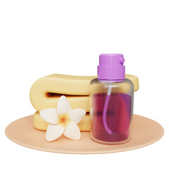 Spa Treatment Composition Bottle, Yellow Towel, and Flower on a Plate