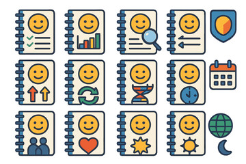 Notebook management flat icon set. featuring growth, search, backup, protection, calendar, teamwork