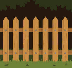 Wooden Fence in Lush Green Garden with Tall Grass and Dark Background