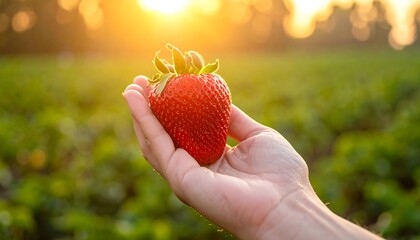 A hand holds a ripe strawberry at sunset in a field