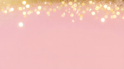 Pink festive background with golden glitter bokeh lights and elegant frame