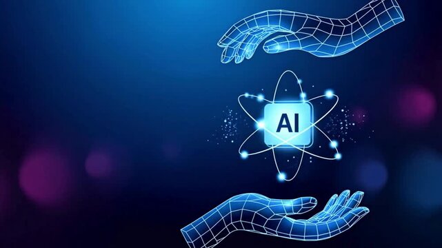 AI Chip and Atom Icon Held by Digital Hands &ndash; Low Poly Wireframe Design on Dark Blue Tech Background, Futuristic Abstract Circuit Motion Video for Innovation, Artificial Intelligence