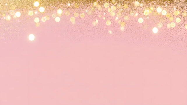 Pink festive background with golden glitter bokeh lights and elegant frame