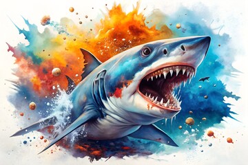 Watercolor painting of a great white shark emerging from a vibrant explosion of colorful smoke and water