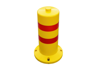 Isolated yellow cylindrical bollard for road safety, traffic direction, and parking control