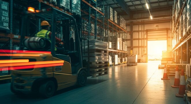 Forklift moving pallets in a busy warehouse with bright sunlight from an open loading dock.