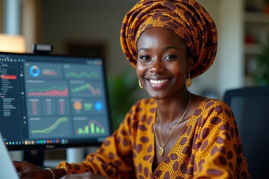 A Black business data analyst in African dress, analyzing data with confidence