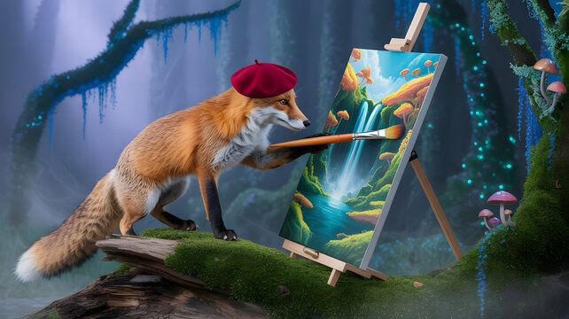 A photograph of a clever red fox wearing a stylish crimson beret, intently focused on painting a vib