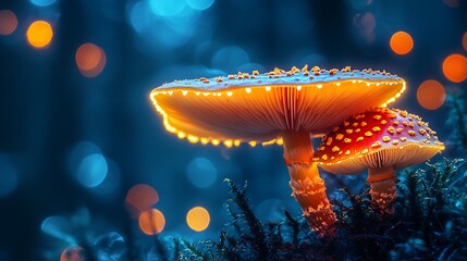 Glowing fly agaric mushrooms in a magical forest isolated on white background