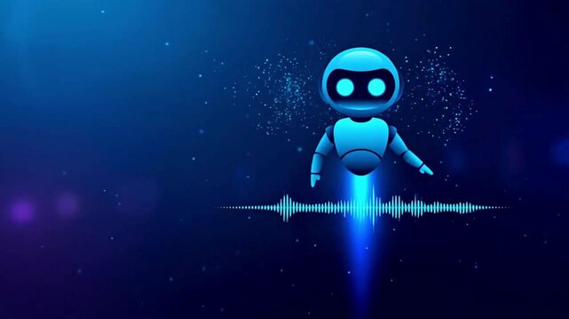 AI Robot Hologram Launch Over Neon Sound Wave, Abstract Wireframe Voice Assistant Animation on Blue Tech Background, Futuristic Digital Motion Video for Smart Audio, Virtual Agents, and Innovation