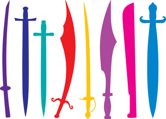 Abstract ancient weapons vector set featuring swords, spears, shields, axes, bows, and arrows in simplified flat style. Clean outlines and bold black shapes designed for easy tracing and conversion in