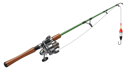 Isolated fishing rod with hook and bobber, angling equipment for catching fish outdoors