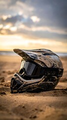 Motocross helmet on sandy beach at sunset
