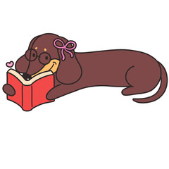 Dachshund Dog Reading Book With Glasses Cartoon Illustration