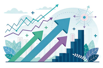 A 3d business graph chart with a green arrow shows financial growth and market success as bar data rises up to represent progress and profit in the global economy