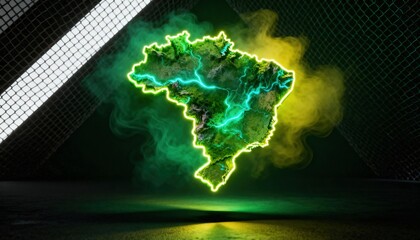 Vibrant glowing map of Brazil, a futuristic concept for technology, innovation, and South American progress with electric neon rivers and organic texture