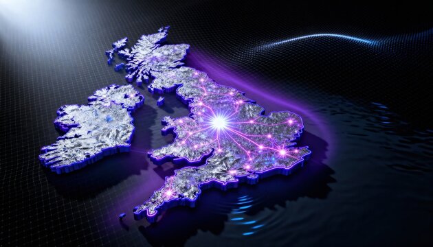 Modern map of United Kingdom with glowing network connections for futuristic tech and business designs, symbolizing connectivity and innovation for global reach