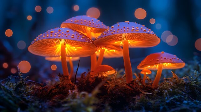 Magical glowing mushrooms in a dark forest isolated on white background